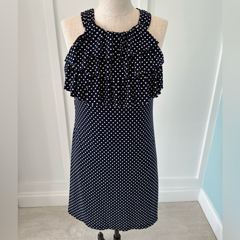 Enfocus Studio Blue and White Polka dot Sheath Halter Midi Dress